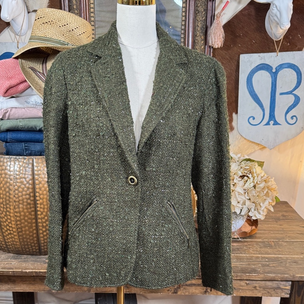 Coldwater Creek Olive Tweed Jacket With Shimmer